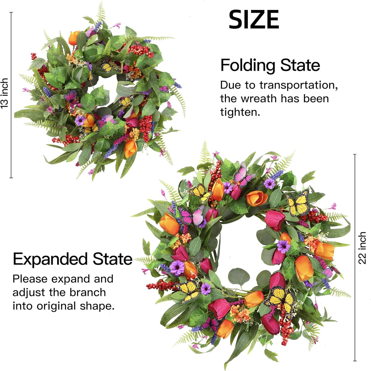 Sggvecsy Spring Summer Wreath for Front Door 22 Inch Artificial Tulips Wreath with Eucalyptus Leaves Lavender Ferns Colorful Silk Flowers Butterflies for Home Farmhouse Indoor Outdoor Wall Decor
