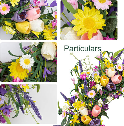 Spring Wreath 22 inch Indoor Summer Wreaths Artificial Spring Wreaths for Front Door, Tulip Wreath with Daisy and Lavender for Home Holiday Decor