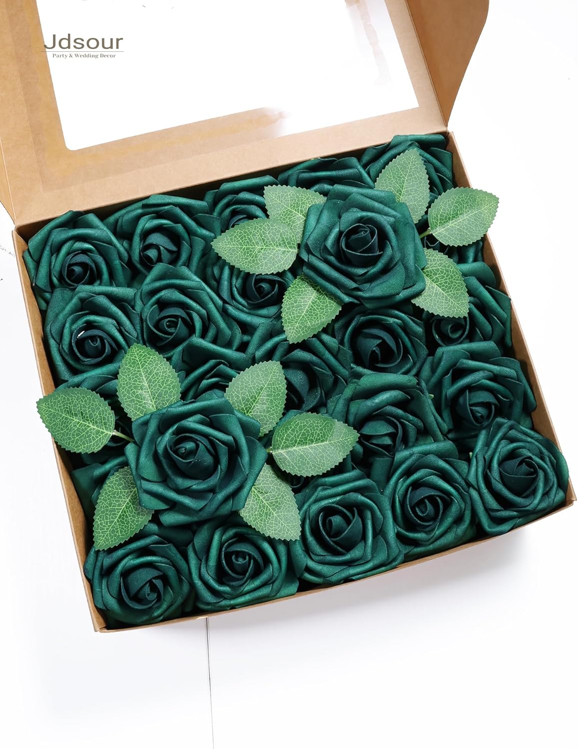 50 Pcs Artificial Flower，Real Touch Foam Roses w/Stem DIY for Wedding Bouquet Centerpieces Party Shower Home Decor-Green boxpack