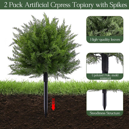 Artificial Topiary Bushes for Outdoors with Spike, Boxwood Ball Fake Shrubs UV Resistant Faux Plants for Indoor Outdoor Fall Thanksgiving Halloween Decor (Cedar Topiary Ball Trees)