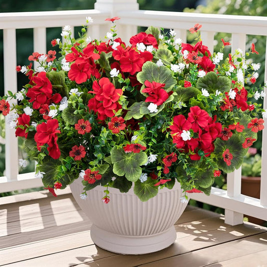 Ouddy Decor 18" Artificial Geranium Flowers for Outdoors, 10 Bundles Mixed Fake Silk Flowers Plastic Plants UV Resistant for Summer Garden Porch Patio Planter Kitchen Table Home Decor, Red