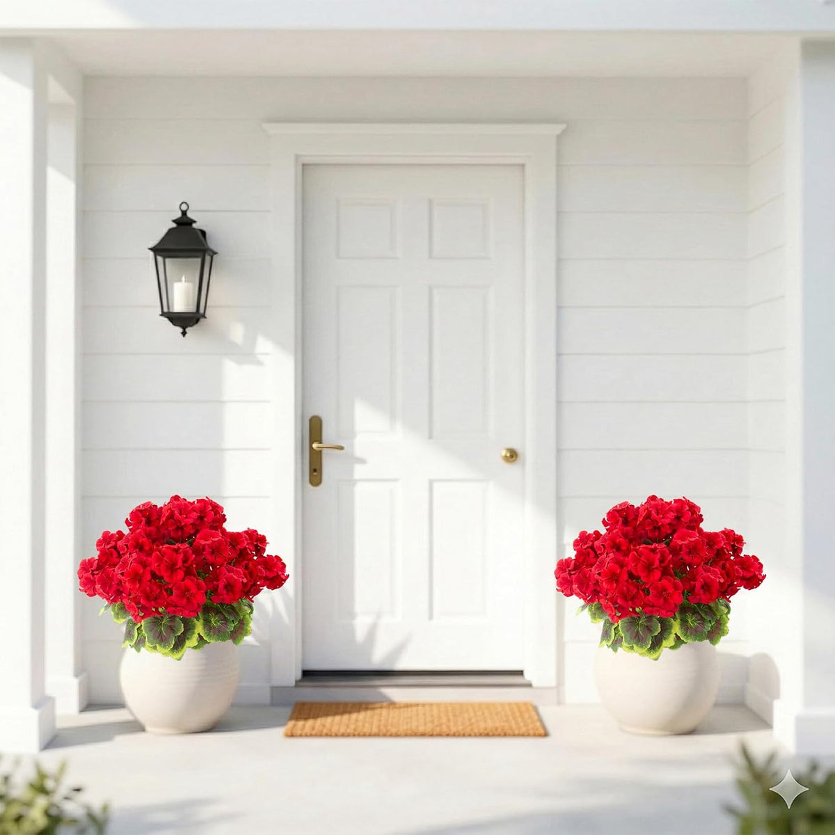 lovemoon 2 Pcs Geranium Potted Artificial Flowers, 19" Fake Geraniums Plants UV Resistant Silk Potted Plants for Outdoor Home Décor Office Porch Garden Decor (2, Red)