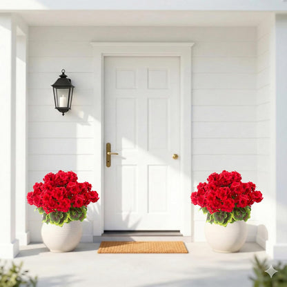lovemoon 2 Pcs Geranium Potted Artificial Flowers, 19" Fake Geraniums Plants UV Resistant Silk Potted Plants for Outdoor Home Décor Office Porch Garden Decor (2, Red)