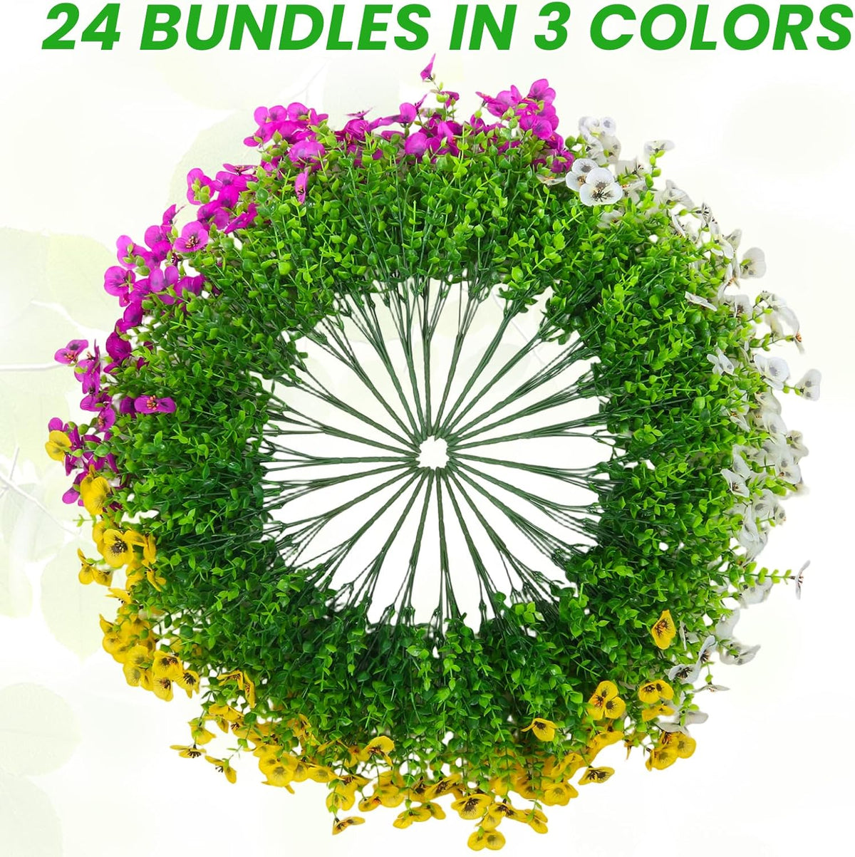 Alotiki Artificial Pansies for Outdoors, 24 Bundles Faux Silk Pansies Flowers UV Resistant Silk, Artificial Flowers for Porch Yard Garden Home Indoor Decor (Purple, White, Yellow)