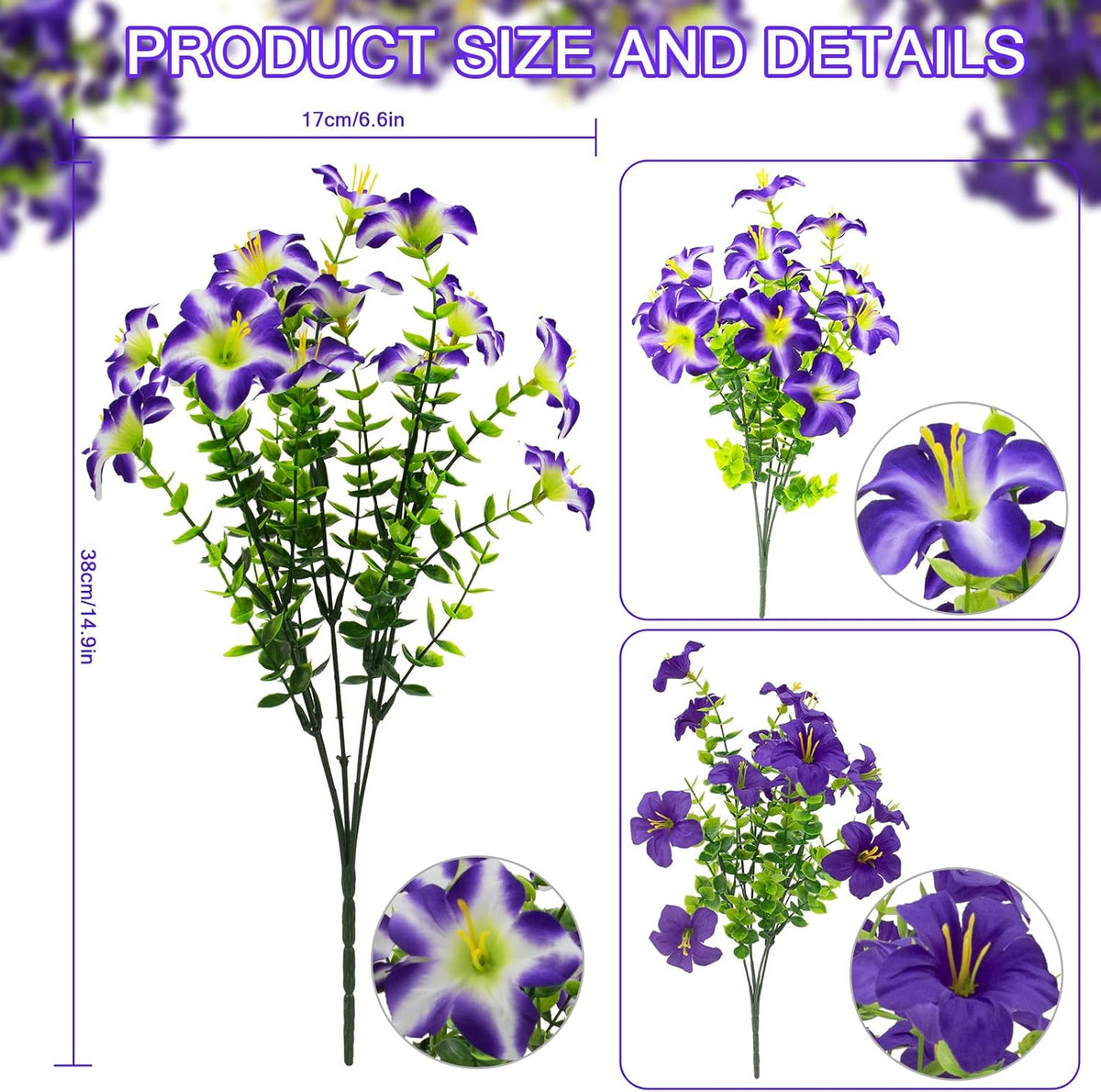 Daynight 16 Pcs Faux Petunias Artificial Flowers for Outdoors, UV Resistant Fake Purple Petunias Plants Realistic Silk Flowers for Porch Front Door Garden Window Outside Decor (16, Purple)