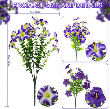 Daynight 16 Pcs Faux Petunias Artificial Flowers for Outdoors, UV Resistant Fake Purple Petunias Plants Realistic Silk Flowers for Porch Front Door Garden Window Outside Decor (16, Purple)