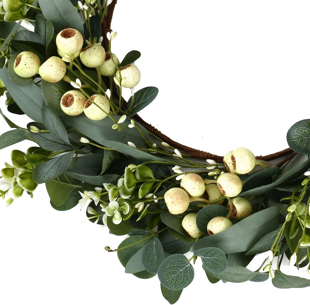 JINGHONG Eucalyptus Wreaths for Front Door 20 Inch Green Home Decor for Wall Porch Window Spring Summer Wreath with Big Berries for All Seasons Winter Christmas