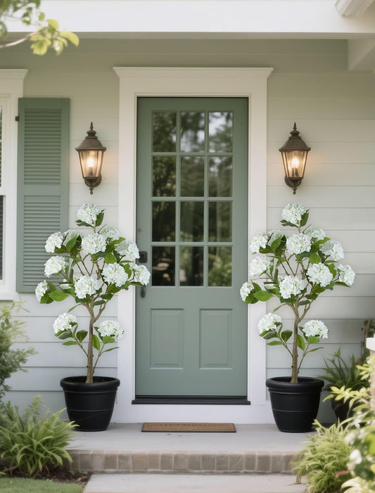 BLOSMON White Hydrangea Artificial Trees: 5ft Real Touch Faux Hydrangeas Flower Tree with Pot for Front Porch Planters Decoration Outdoor - Fake Silk Floral Plant for Home Patio Entrance Decor Indoor