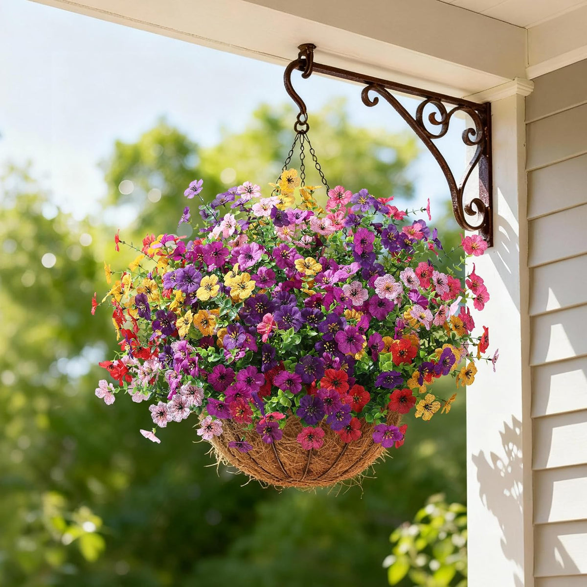Ivydale Artificial Flowers for Outdoor 24 Bundles Fake Mums with Eucalyptus Leaves UV Resistant Silk Faux Daisy Flower Plant for Outside Home Porch Patio Window Box, 6 Color Mixed