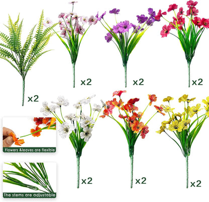14 Pcs Artificial Flowers Outdoor UV Resistant Fake Flower for Outside Faux Greenery Plant Planter Plastic Flowers - No Maintenance Outdoor Faux Flowers for Porch Garden Home Decor (Mix 4)