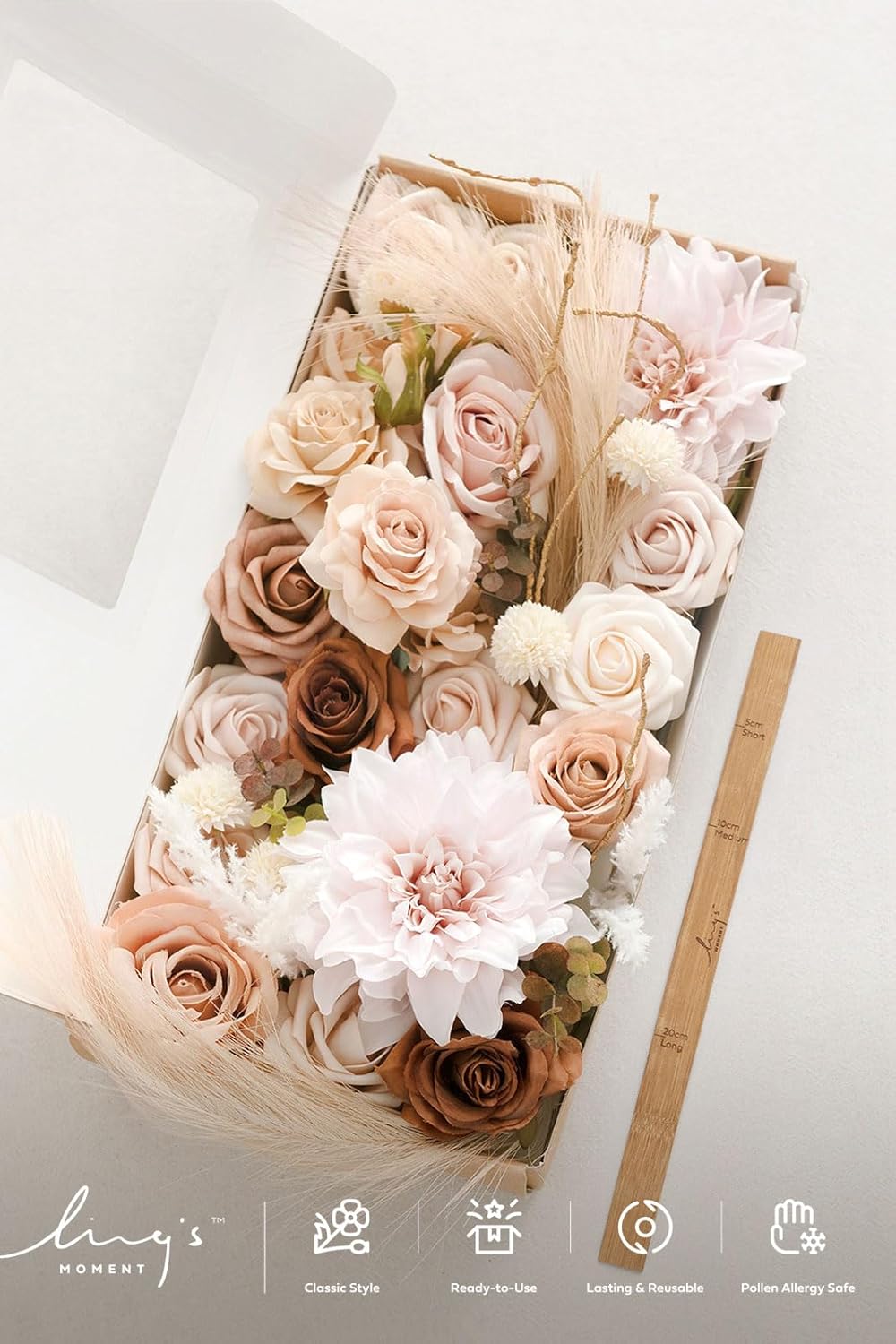 Ling's moment Fake Flowers Box, Faux Artificial Greenery Stems Foam Roses Silk Dahlia Pampas Grass Fabic Flower for Centerpieces Bouquet Wedding Vase Floral Decorations, Beige & Sepia, Deluxe Combo