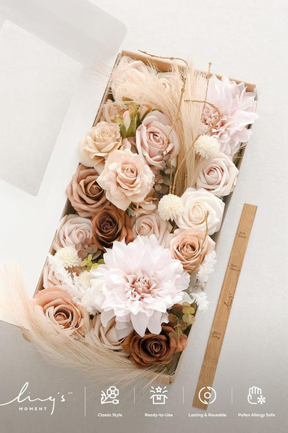Ling's moment Fake Flowers Box, Faux Artificial Greenery Stems Foam Roses Silk Dahlia Pampas Grass Fabic Flower for Centerpieces Bouquet Wedding Vase Floral Decorations, Beige & Sepia, Deluxe Combo
