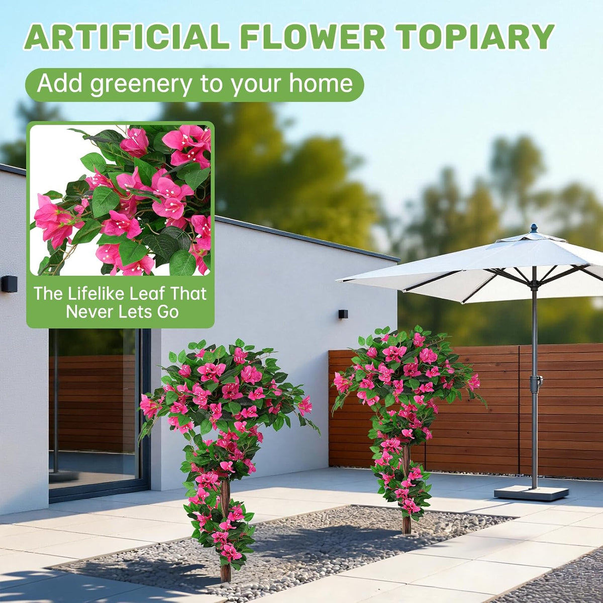 2 Pack 4FT Artificial Bougainvillea Topiary Trees for Outdoor, Fake Silk Flowers Plants Bushes with Ground Spike, Faux UV Resistant Shurbs Trees for Outside, Front Porch, Patio, Balcony Decor