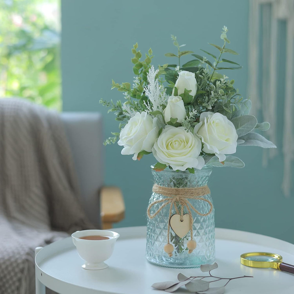 Faux Flowers with Vase, Artificial Silk Roses in Vase, Fake Plant Eucalyptus Flower Arrangement for Home Office Farmhouse Bathroom Dining Table Centerpiece Decorations Coffee Table Decor (White)