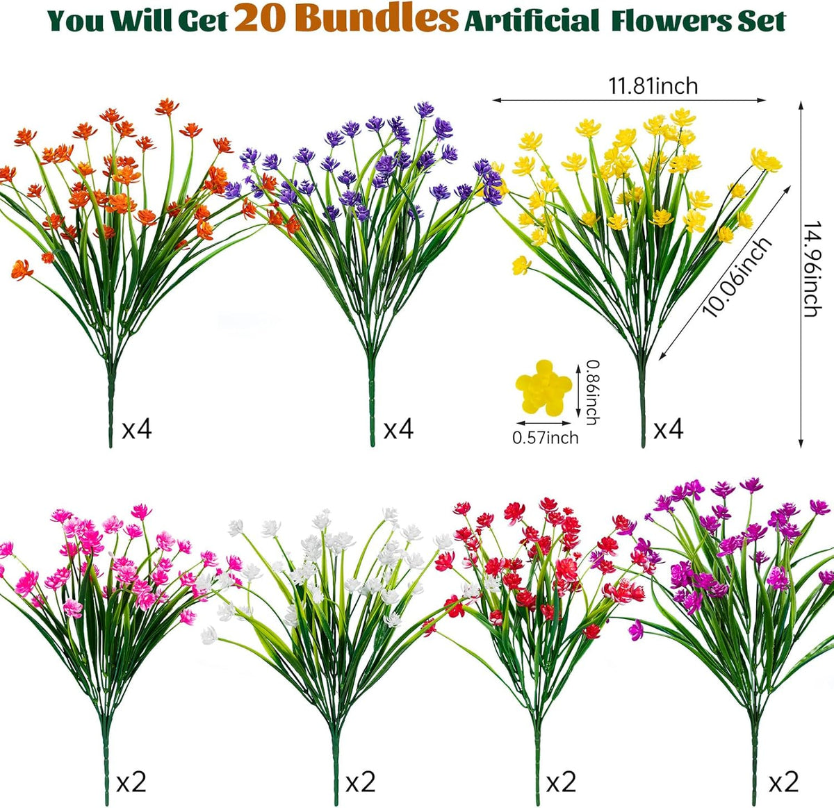 Lnoicy 20 Pcs Artificial Flowers for Outdoor, Plastic Flowers Decoration, UV Resistant Faux Flowers Shrubs, Artificial Plants for Indoor and Outdoor Garden Home Wedding Farmhouse (7 Colors)