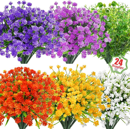 Uieke 24 Bundles Artificial Flowers for Outdoors UV Resistant Fake Flowers Faux Plastic Greenery Plants Shrubs for Outdoor Garden Window Box Home Indoor Decor