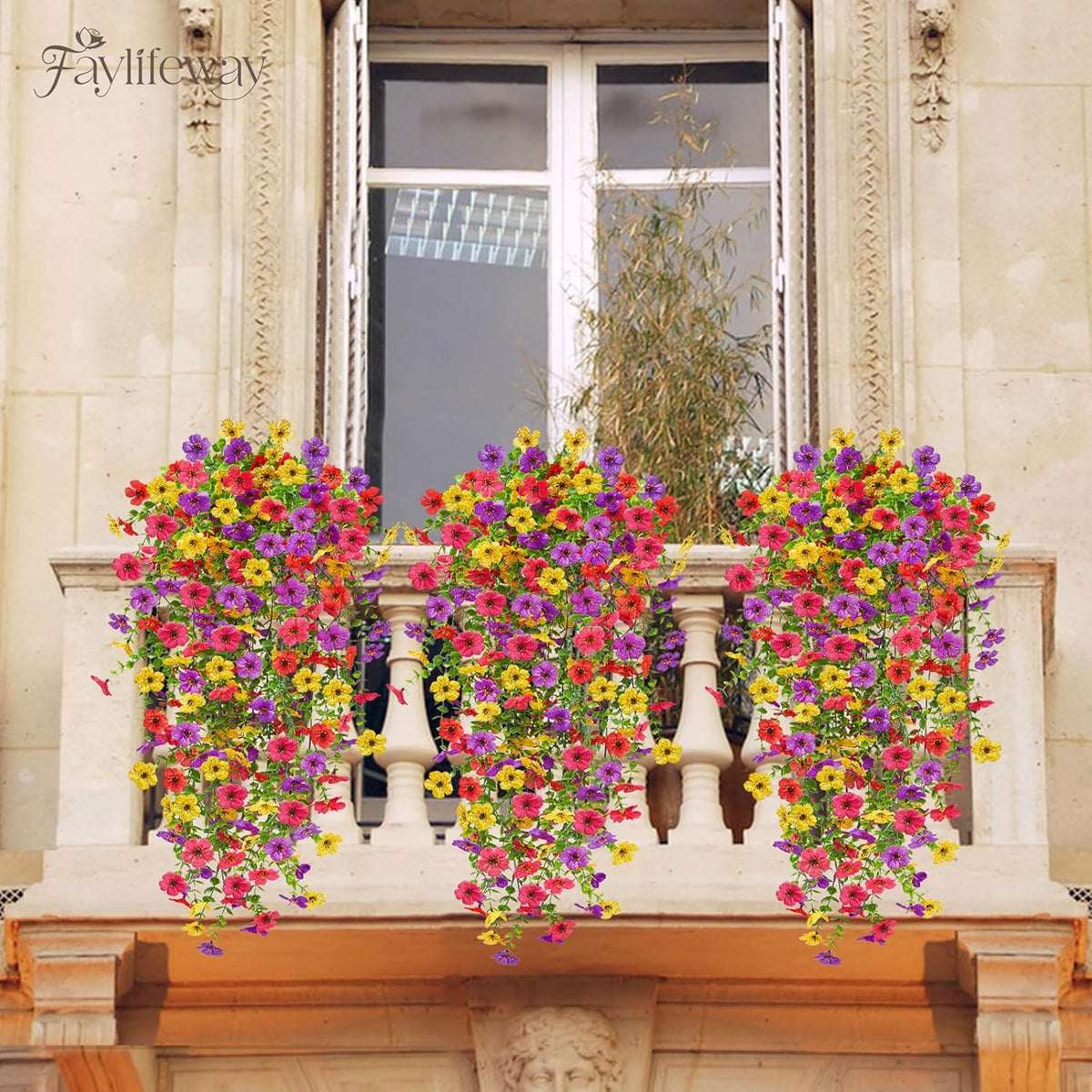 Artificial Hanging Flowers for Outdoors, 4 Pcs UV Resistant Artificial Outdoor Flowers, Silk Flowers for Outside Patio Porch Front Yard Window Garden Indoor Decor (Spring Color, 4 Pcs)