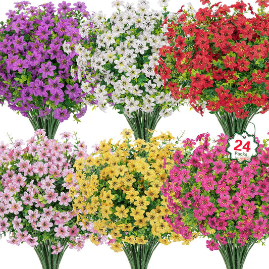 24 Bundles Artificial Flowers for Outdoors, UV Resistant Fake Silk Flowers for Garden Decor