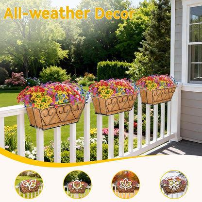ZeeDix Railing Planter Boxes with Artificial Flowers, 2 Pack 16 Inch Window Box Planter with 24 Pack Fake Flowers for Deck Porch Patio Balcony Garden Home Decor