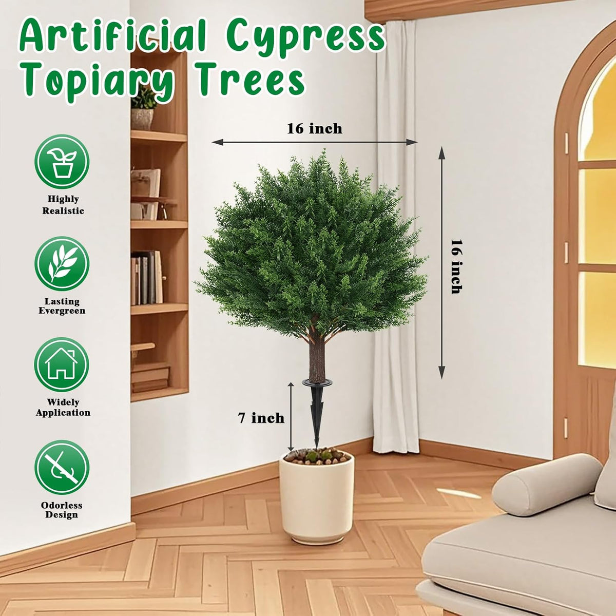 Artificial Cypress Topiary Tree with Ground Spike, Set of 2 Artificial Shrub Bushes, Fake Evergreen Tree for Porch, Artificial Plants for Outdoor Planters Indoor UV Resistant