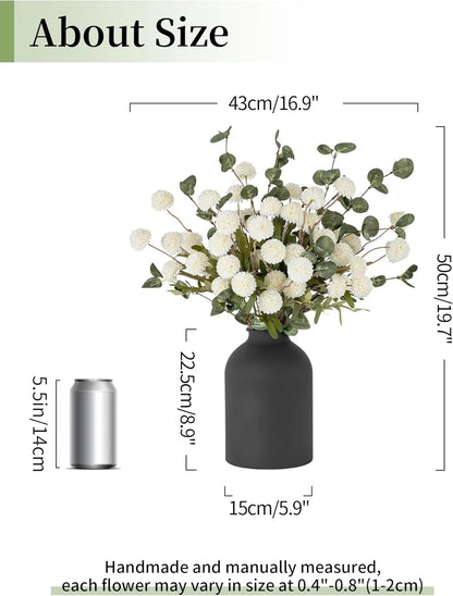 BLOSMON Fake Flowers in Vase for Centerpieces: Metal Vase with 12 Stems of Artificial Mums Kiku Flowers Eucalyptuses Home Table Decor - White Faux Pom Poms Floral Arrangements for Living Room