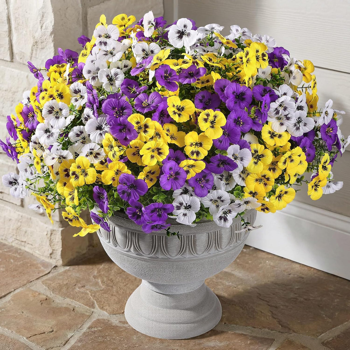Alupssuc 24 Bundles Artificial Flowers for Outdoors, Fake Spring Flowers for Decoration, UV Resistant Realistic Pansies with Eucalyptus Silk Faux Flowers for Porch Patio Yard, Purple Yellow White