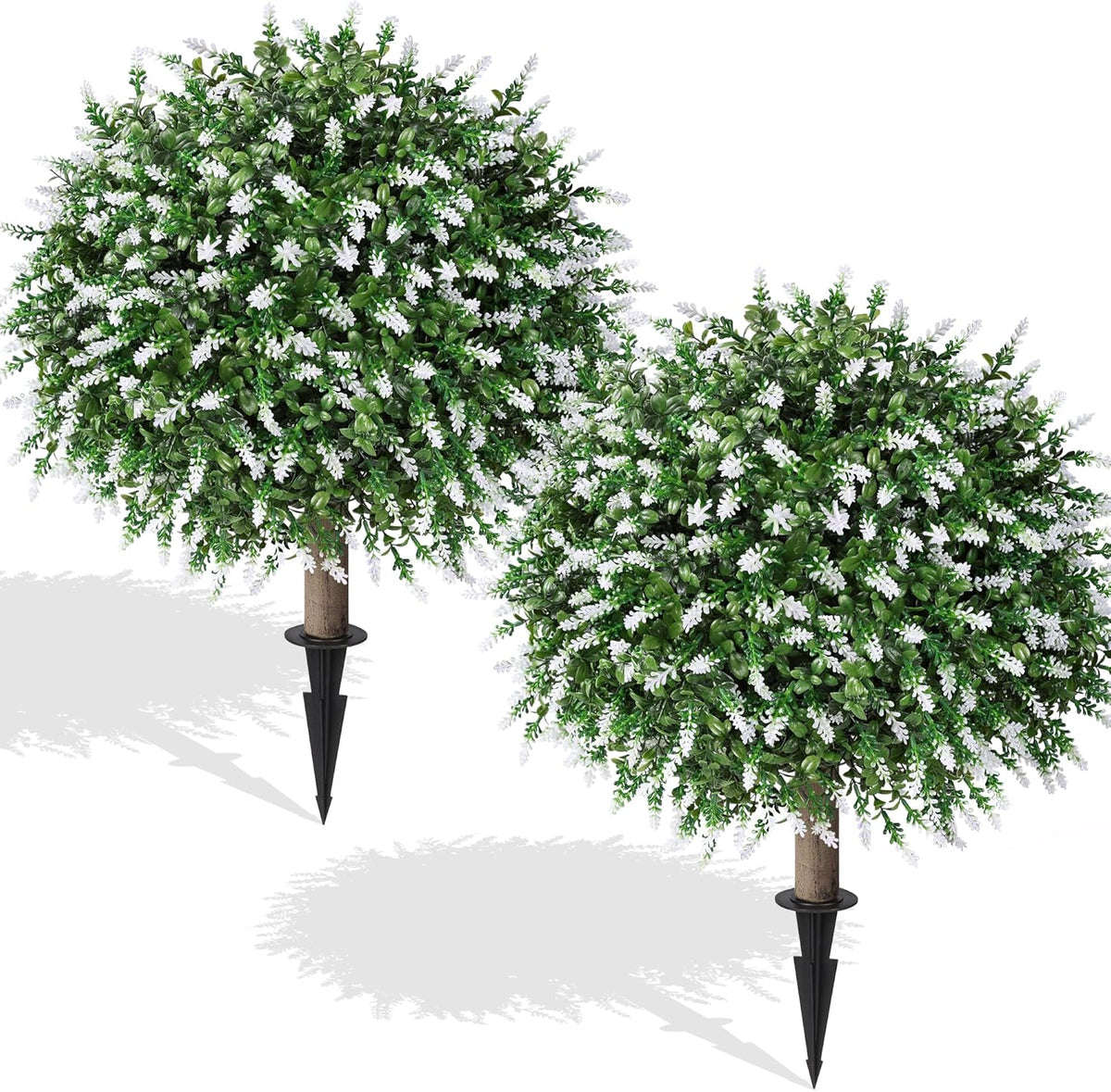 HyeFlora 26" Artificial Topiary Boxwood Ball Trees with Lavender 2 Pack Fake Plants for Outdoor Indoor Artificial Shrubs with Ground Spike UV Resistant Fake Bushes for Front Porch Garden (White)