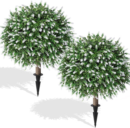 HyeFlora 26" Artificial Topiary Boxwood Ball Trees with Lavender 2 Pack Fake Plants for Outdoor Indoor Artificial Shrubs with Ground Spike UV Resistant Fake Bushes for Front Porch Garden (White)
