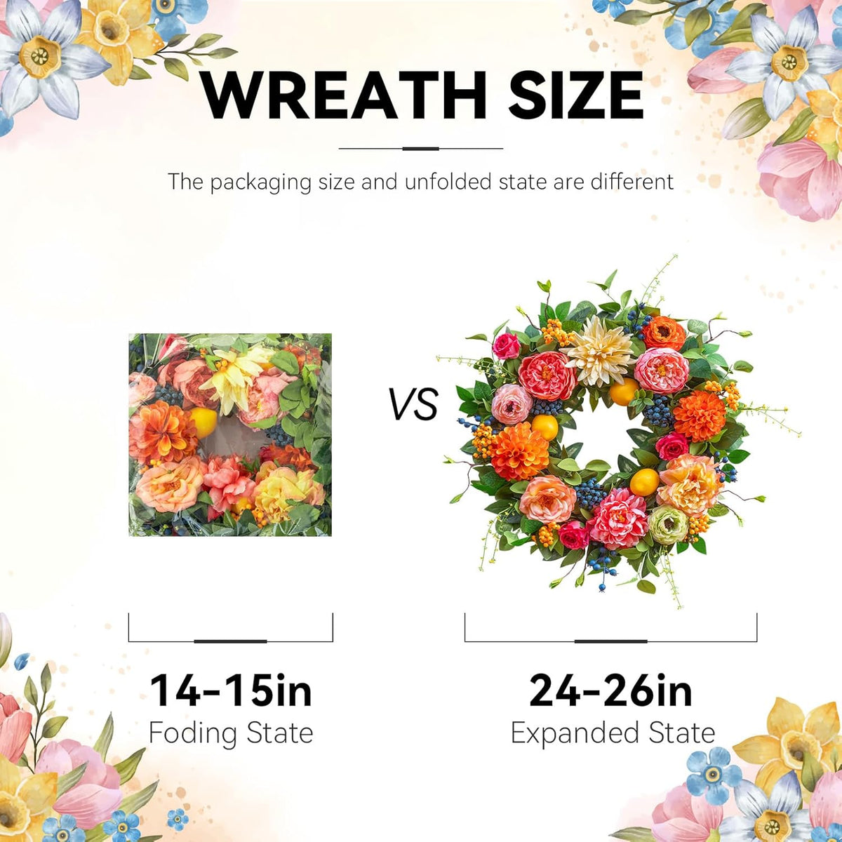 24 Inch Spring Wreath for Front Door - Peony, Dahlia, Hydrangea with Faux Lemons and Berries