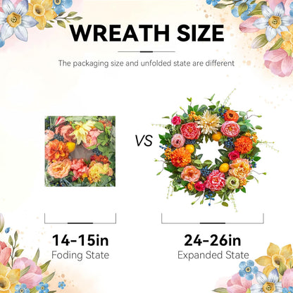 24 Inch Spring Wreath for Front Door - Peony, Dahlia, Hydrangea with Faux Lemons and Berries