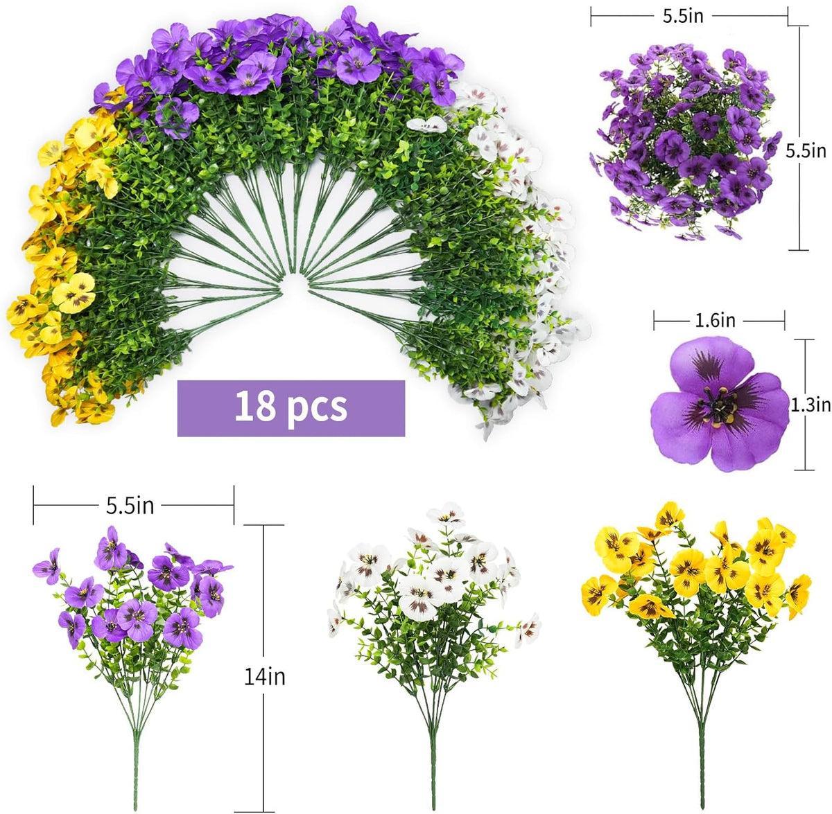 Artificial Flowers for Outdoor, UV Resistant Fake Pansy Flowers, Silk Faux Fowers for Outside Planters Home Garden Office Patio Front (18 Bundles)