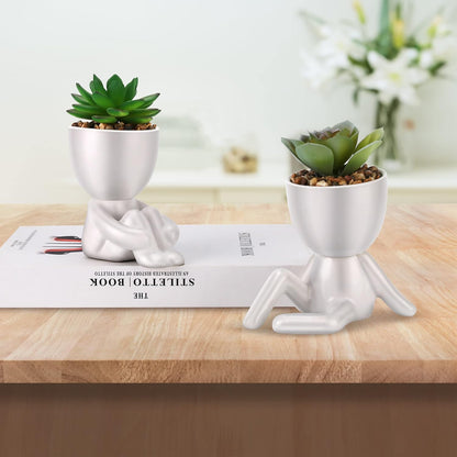 Fake Succulent, Mini Succulents Plants Artificial in White Modern Human Shaped Ceramic Pots Cute Desk Decor Pink Succulent for Office Decor for Women Girls, Desk Plant Cute Bathroom Decor 2PCS