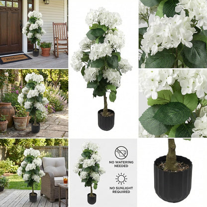 2 Pcs 3 Ft Artificial Hydrangea Trees Potted, UV Resistant Faux Silk Hydrangea Plant in Pot for Indoor Outdoor Decoration, Hydrangea Topiary for Garden Office Home Porch Patio Decor