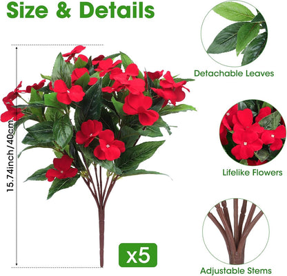 5 Pcs Artificial Flowers for Outdoors Silk Impatiens Flowers Bouquet Decorations Fake Faux Plants UV Resistant for Spring Summer Garden Patio Porch Window Box Balcony Planters Home, Red