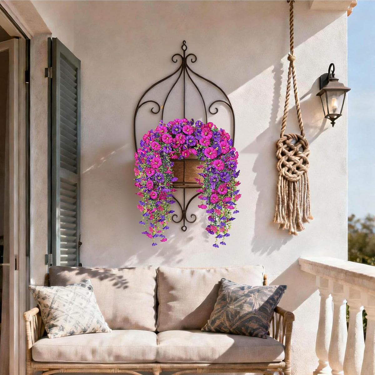 Artificial Hanging Flowers for Outdoors, 2 PCS 300 Blooms UV Resistant Morning Glory Faux Silk Vines, No-Odor Realistic Fake Plants for Garden Planter Porch Patio Decoration, Fuchsia & LightPurple
