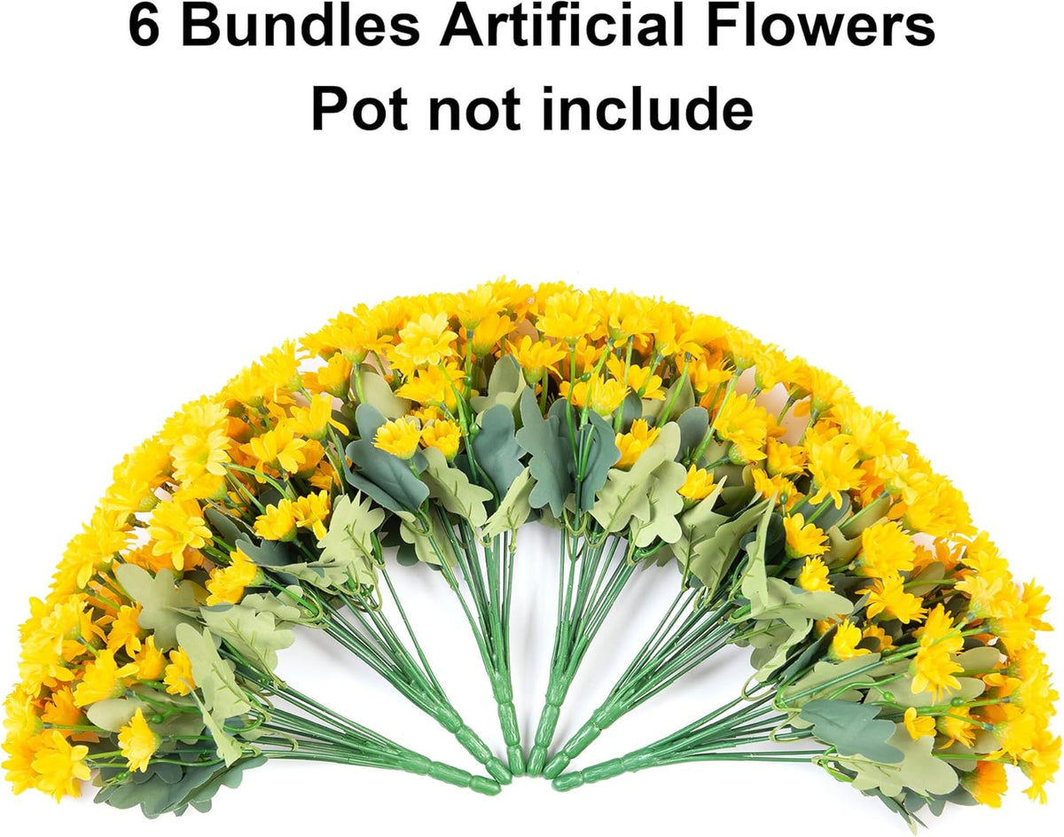 Daisy Artificial Flowers for Outdoors Decoration, 6 Bundles Fake Plants Flowers Bouquet Faux Flowers for Outdoor Planter Look Real UV Resistant Silk Flowers for Outside Front Door Porch Patio, Yellow