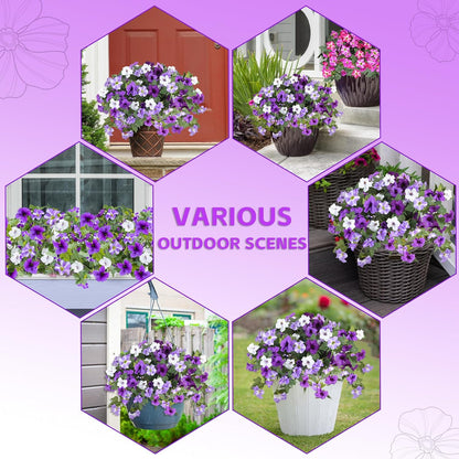 Artificial Fake Flowers for Outdoor Plants Decoration, 4 Pcs Faux Petunia Flowers Plants UV Resistant Silk for Porch Yard Garden Home Indoor Decor (Purple White)