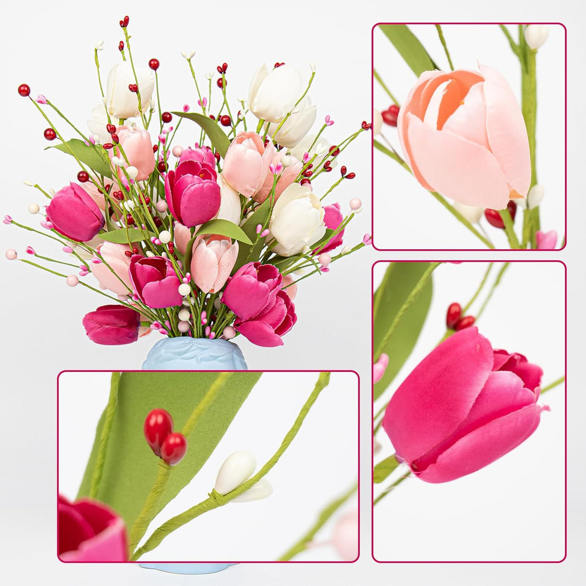 VioletEverGarden Valentines Day Decorations 6 Pack Valentines Flowers 17 inch Valentine’s Day Picks with Tulip Berry for Valentine’s Day Wedding Party Center Pieces