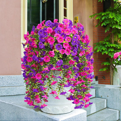 Dolicer 2 Packs Look Real Artificial Flowers for Outdoors, Fake Artificial Hanging Flowers for Outdoors Realistic UV Resistant Hanging Flowers Silk Petunia Faux Flowers for Porch Patio(Purple+Fuchsia)
