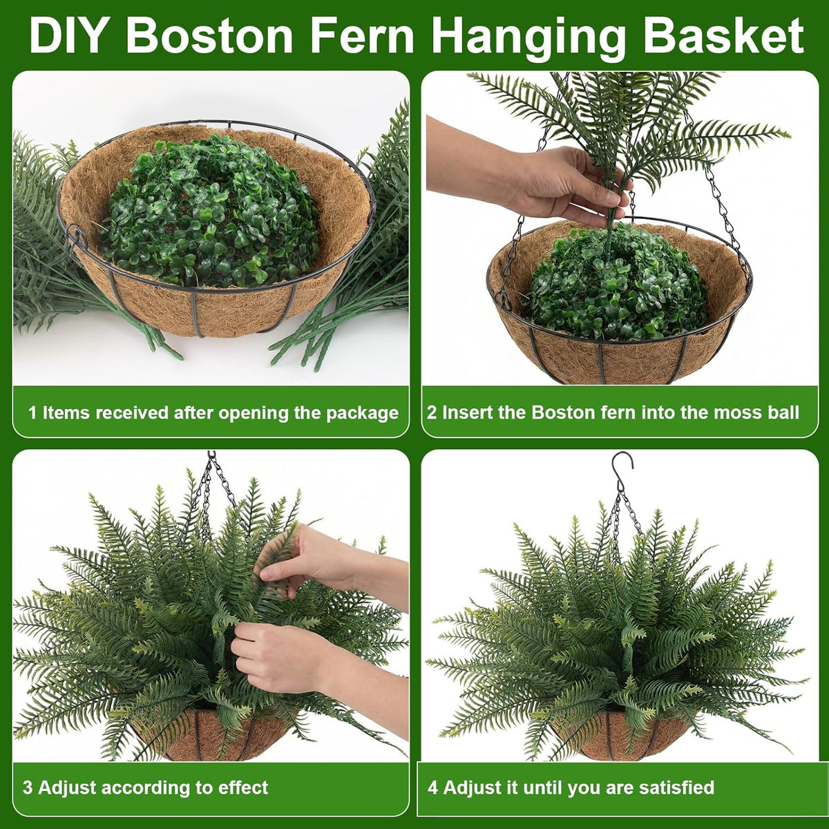 Fake Ferns Hanging Baskets, 2 Pcs Artificial Hanging Plants Outdoor, 2 Hanging Planters with 24 Pcs Fake Ferns for Indoor and Outdoor Decorations for Front Porch Garden Balcony Patio Home Decor (2, Green)