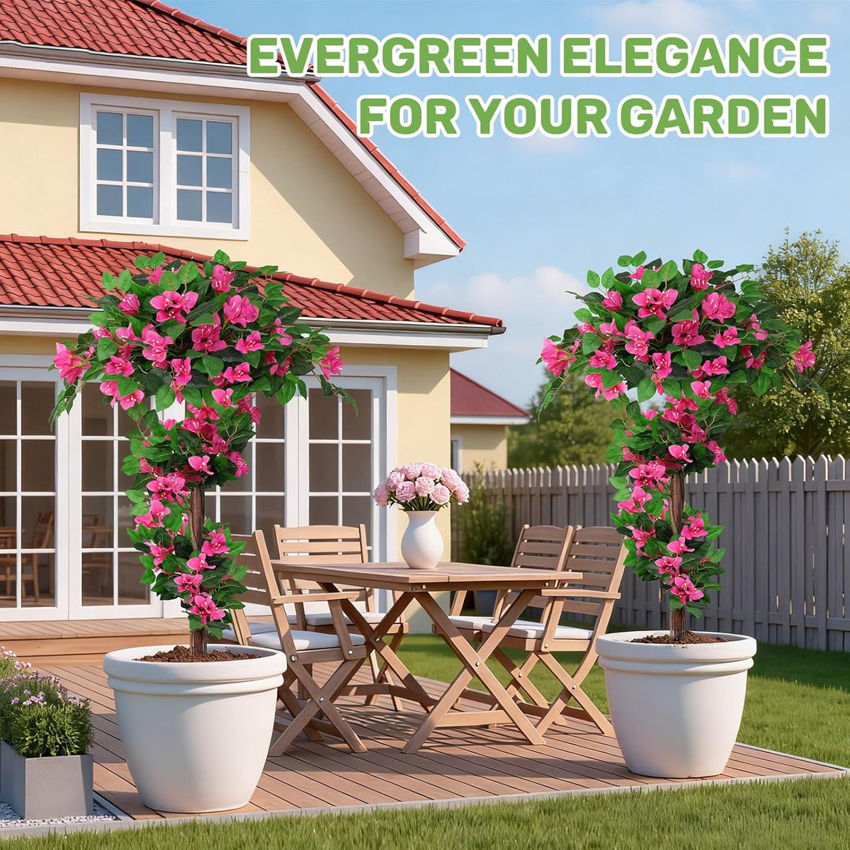 2 Pack 4FT Artificial Bougainvillea Topiary Trees for Outdoor, Fake Silk Flowers Plants Bushes with Ground Spike, Faux UV Resistant Shurbs Trees for Outside, Front Porch, Patio, Balcony Decor