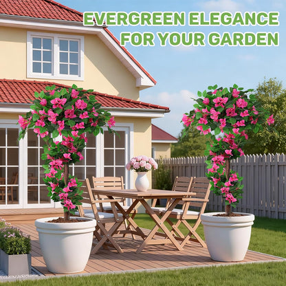 2 Pack 4FT Artificial Bougainvillea Topiary Trees for Outdoor, Fake Silk Flowers Plants Bushes with Ground Spike, Faux UV Resistant Shurbs Trees for Outside, Front Porch, Patio, Balcony Decor