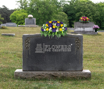Sympathy Silks Artificial Cemetery Flowers – Realistic Vibrant Roses, Outdoor Grave Decorations - Non-Bleed Colors, and Easy Fit - 1 Purple Mum and Yellow Rose Saddle for Headstone