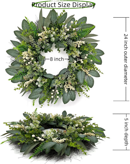 24 Inch Greenery Wreaths for Front Door – Artificial Eucalyptus Wreath with White Berries and Mixed Green Leaves, Year-Round Farmhouse Indoor Outdoor Door Wreath for Spring Summer Home Decor