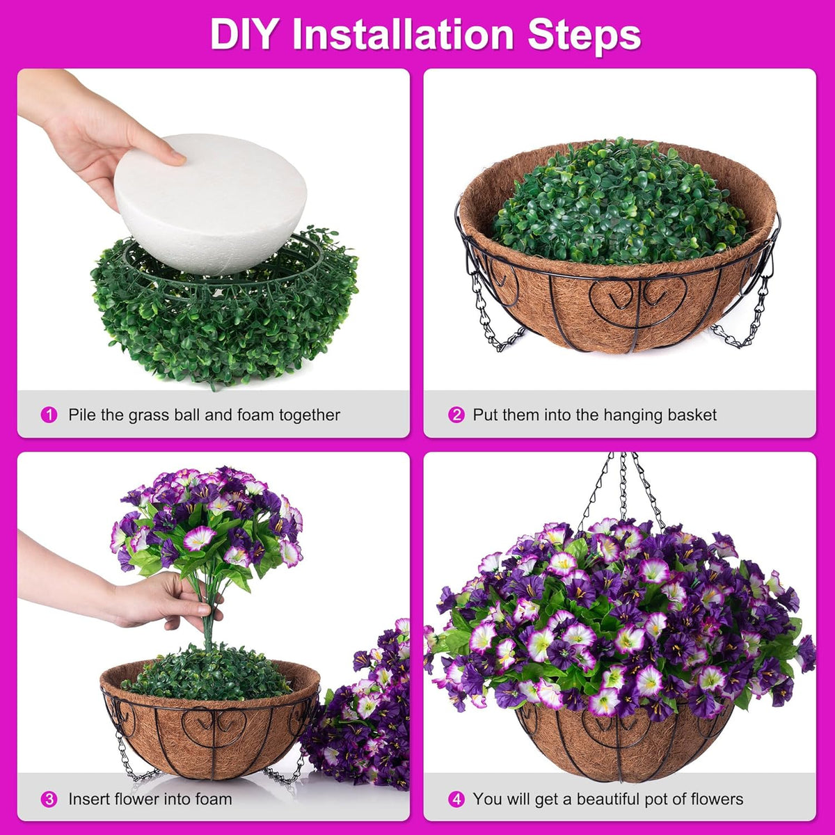Artificial Hanging Flowers 12 inch Basket, Faux Silk Petunias Flower Arrangement, Coconut Lining Pot Planter with Morning Glories Patio Garden Porch Deck Spring Summer Decor (Purple Edge)