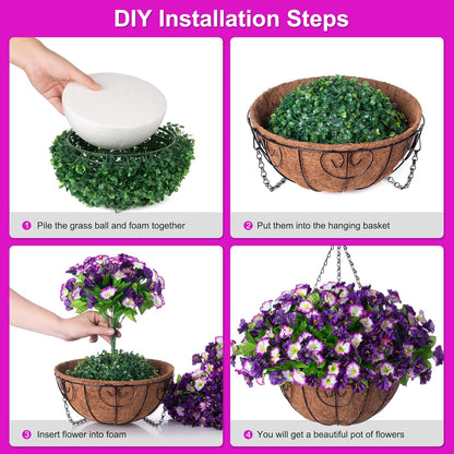 Artificial Hanging Flowers 12 inch Basket, Faux Silk Petunias Flower Arrangement, Coconut Lining Pot Planter with Morning Glories Patio Garden Porch Deck Spring Summer Decor (Purple Edge)