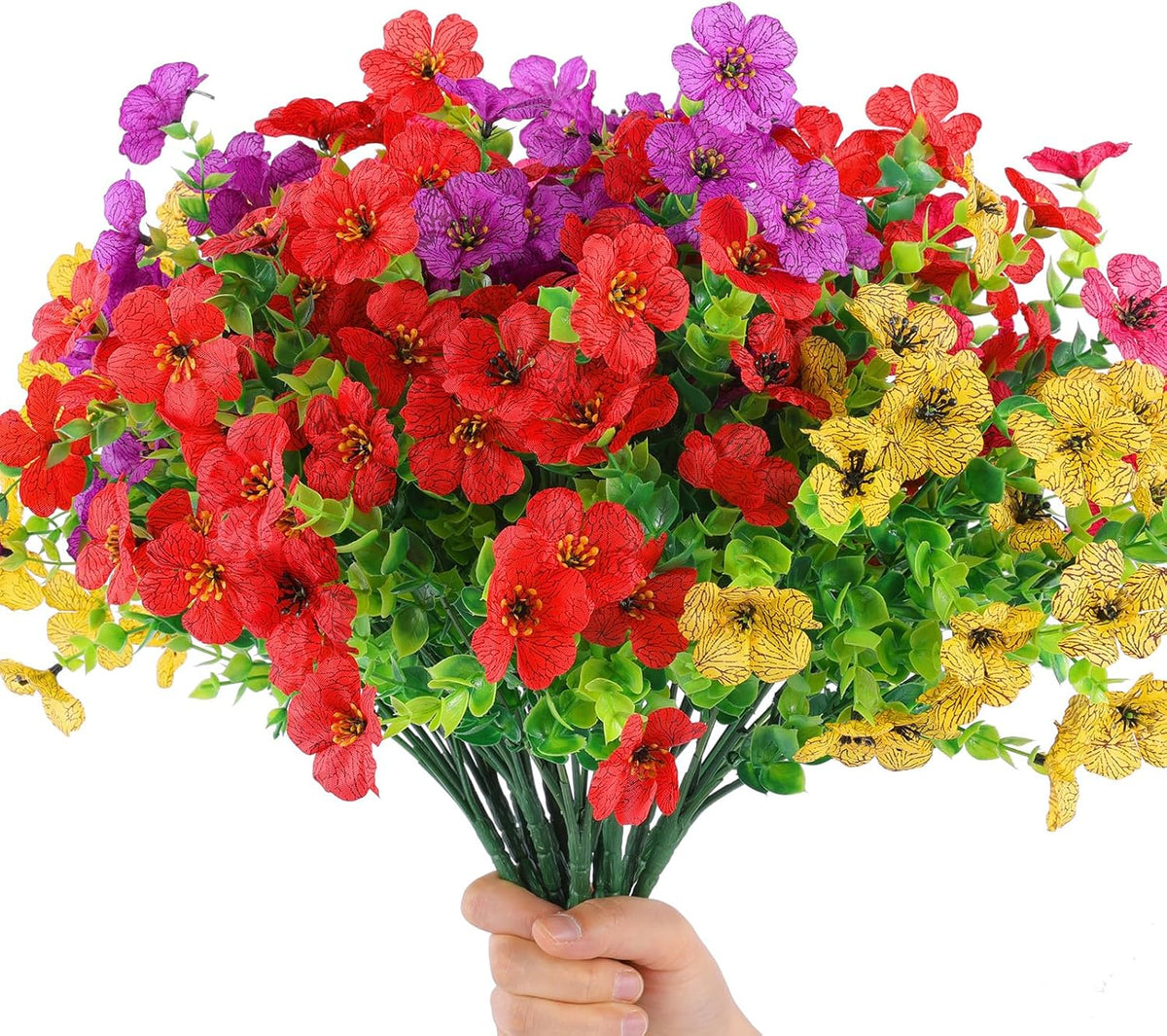 Hananona 2 Set Artificial Outdoor Flowers with Hanging Basket, 2 Hanging Planters with 24 Pcs Flowers for Spring Summer Front Porch Garden Patio Home Decor (2, Red, Purple, Yellow, Rose Red)