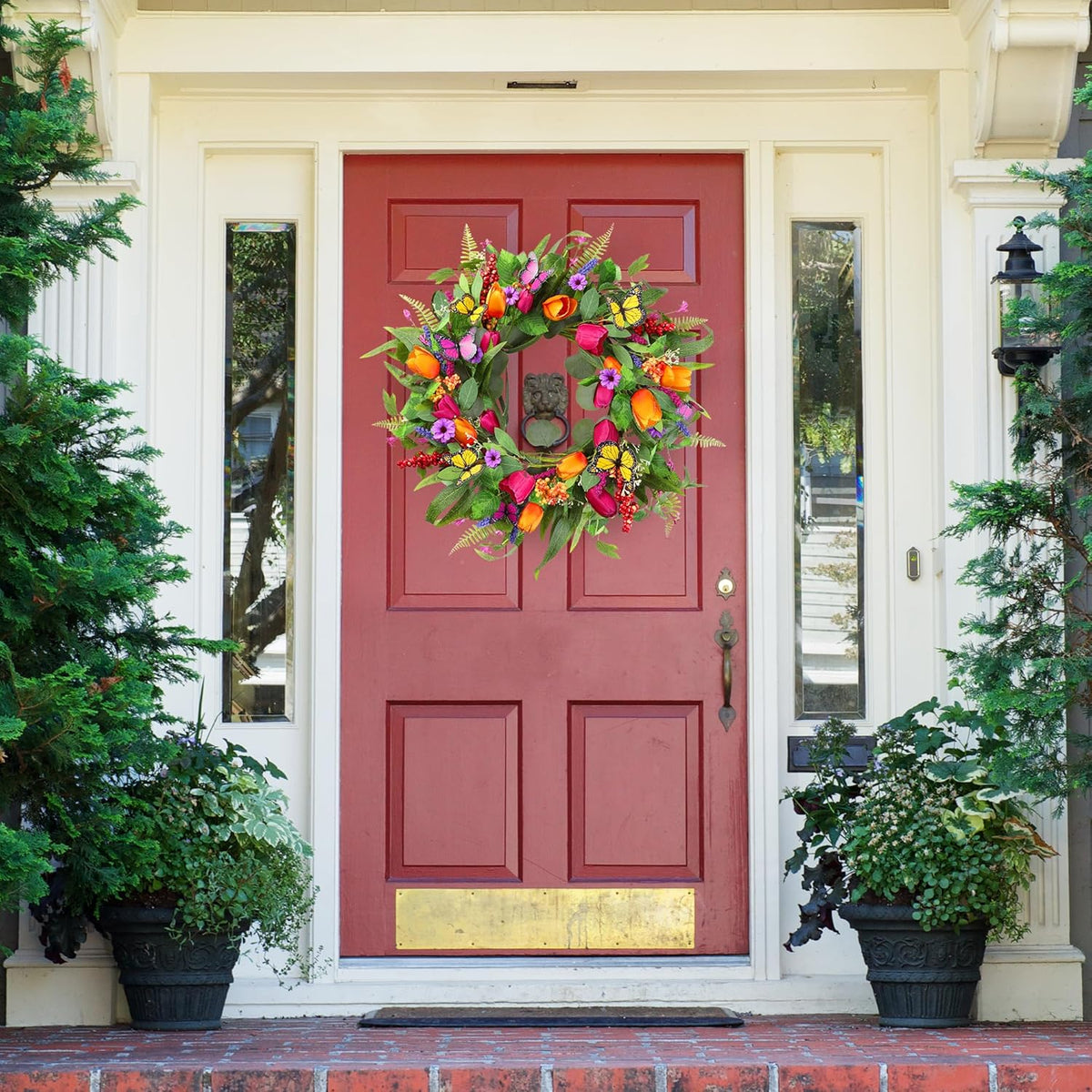 Sggvecsy Spring Summer Wreath for Front Door 22 Inch Artificial Tulips Wreath with Eucalyptus Leaves Lavender Ferns Colorful Silk Flowers Butterflies for Home Farmhouse Indoor Outdoor Wall Decor