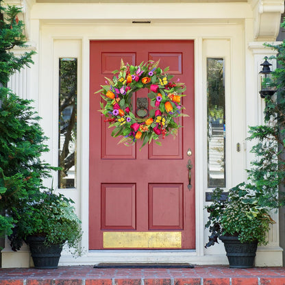 Sggvecsy Spring Summer Wreath for Front Door 22 Inch Artificial Tulips Wreath with Eucalyptus Leaves Lavender Ferns Colorful Silk Flowers Butterflies for Home Farmhouse Indoor Outdoor Wall Decor