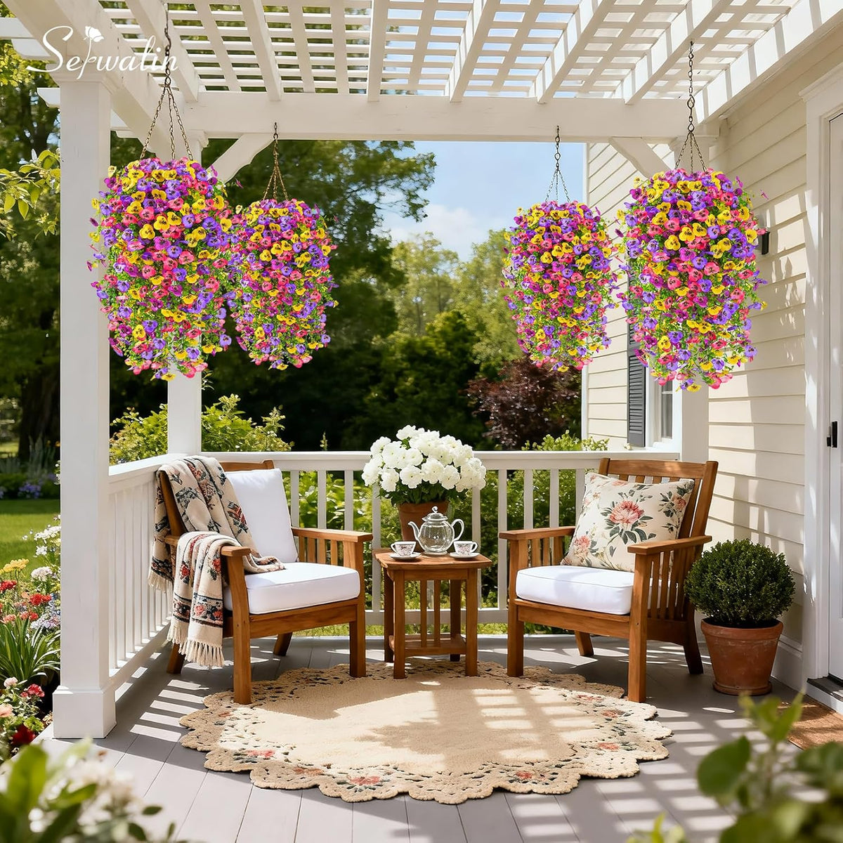 Serwalin Artificial Fake Hanging Flowers for Outdoors Planters, 6 Pcs UV Resistant Faux Pansy Spring Flowers for Outside Porch Patio Garden Window Box (Mixed Colors)